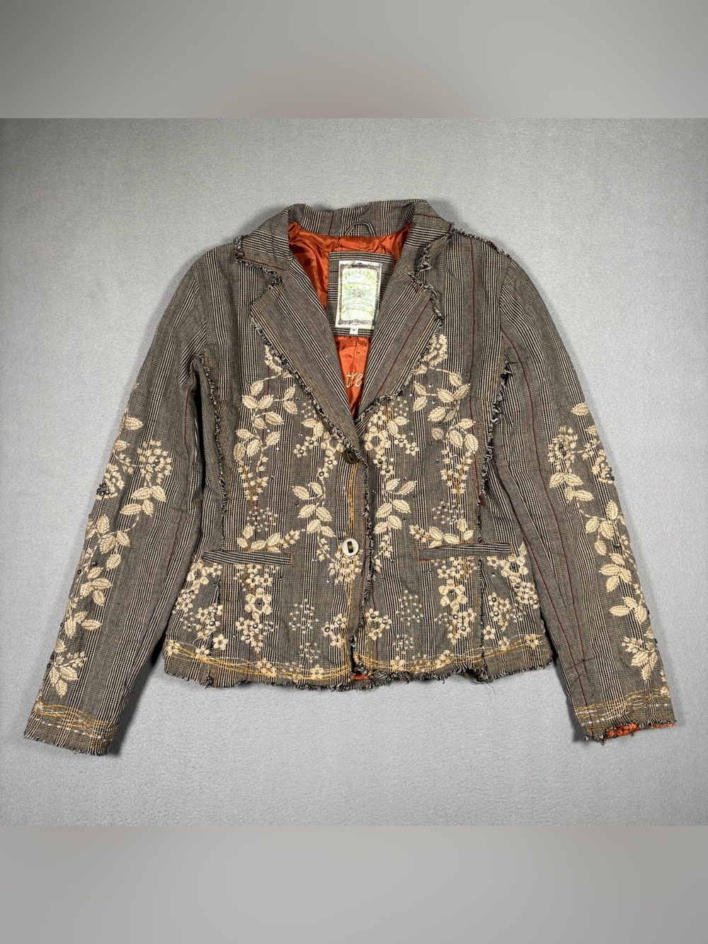 paparazzi Brown Pinstripe Blazer with Cream Floral Embroidery